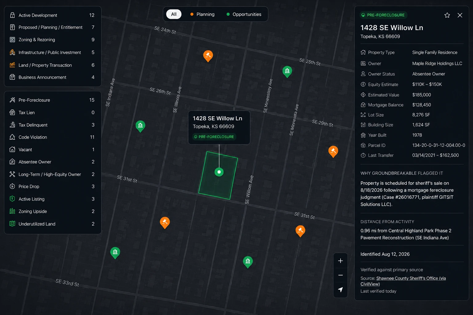 Groundbreakable map view showing Activity, Opportunities, and Catalyst layers with a property detail panel open