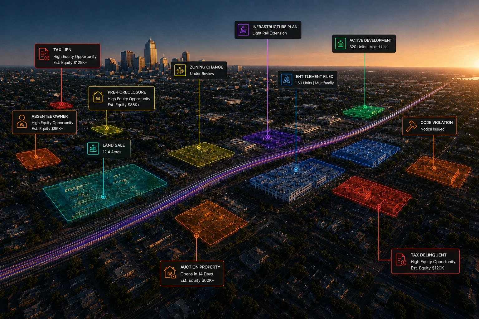 Aerial view of a city at dusk with development activity and property opportunity signals overlaid on the map — tax liens, pre-foreclosures, zoning changes, and active development.
