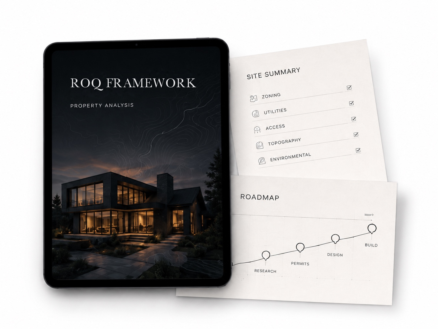 The Groundbreakable Framework property analysis shown on a tablet alongside a site summary and roadmap