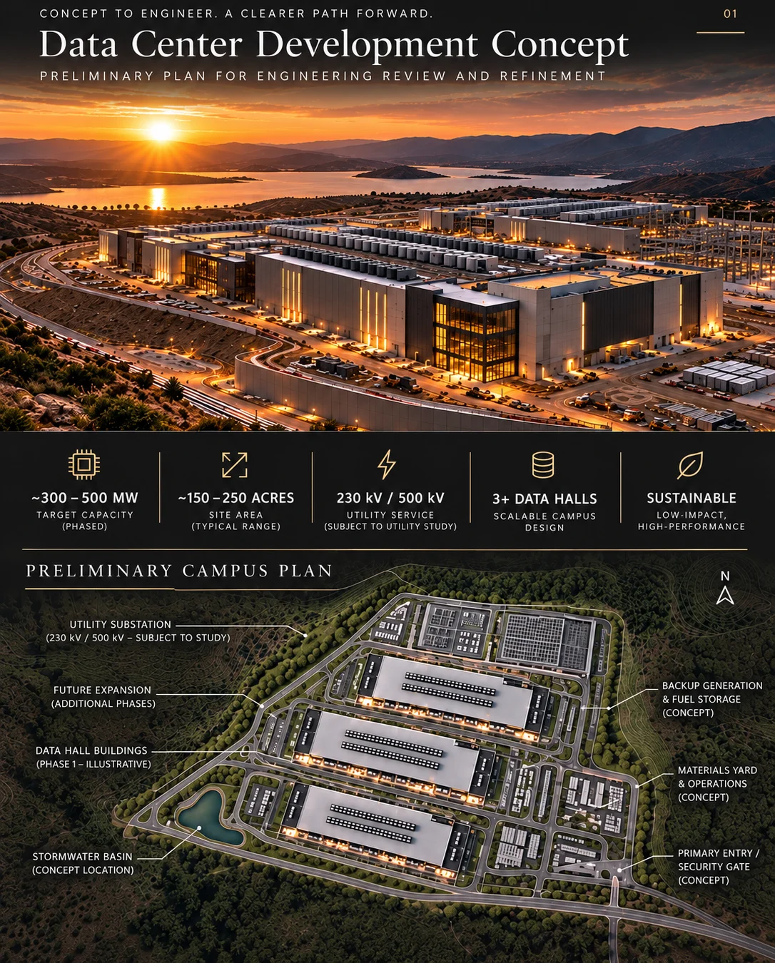 Sample Groundbreakable Framework page: a data center development concept overview with target capacity, site area, utility service, and a preliminary campus plan
