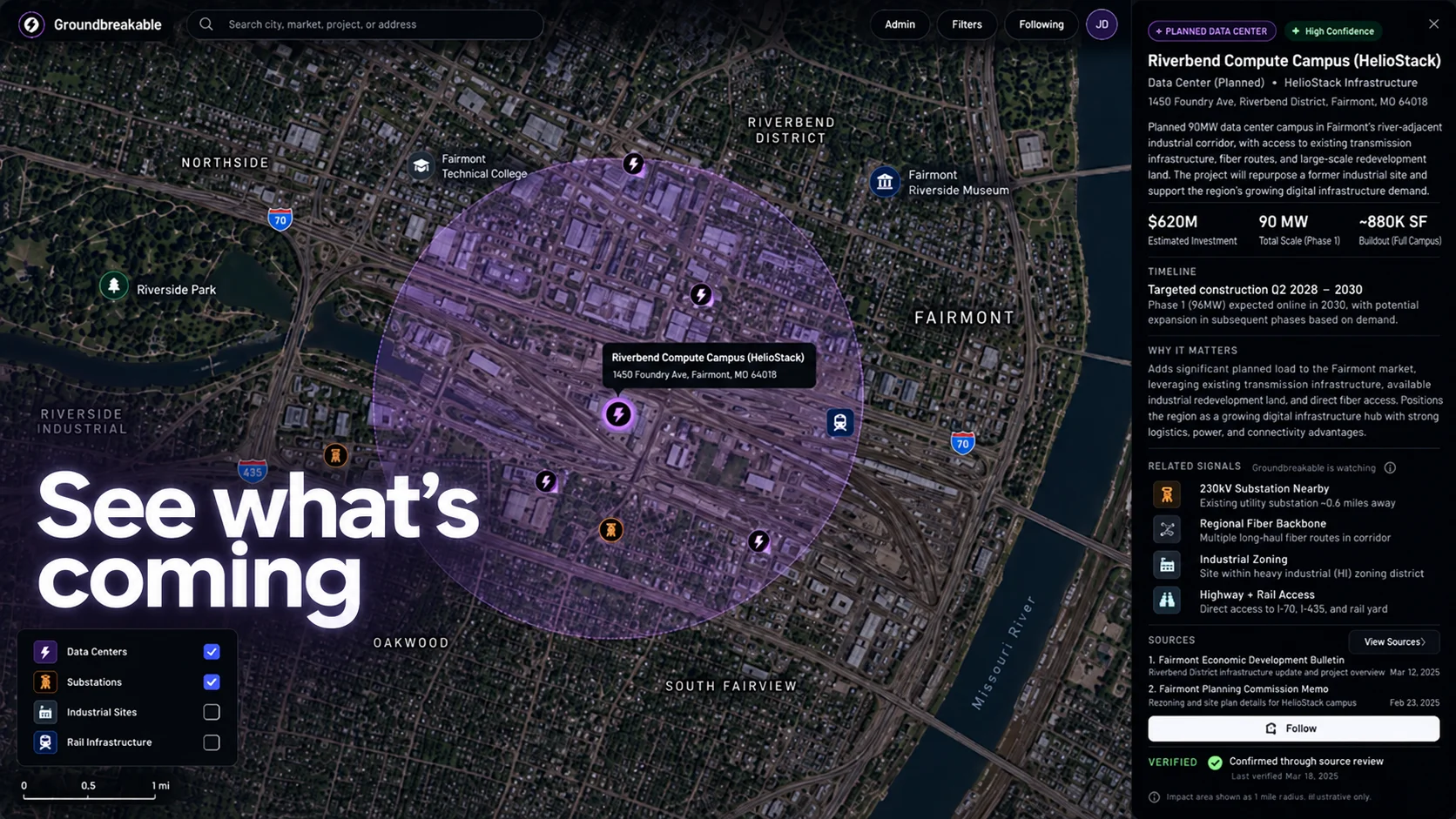 Groundbreakable dashboard map showing a planned data center project with estimated investment, scale, timeline, related signals, and sources
