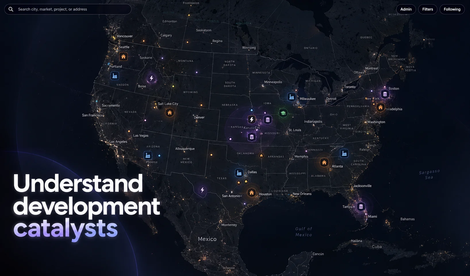 Groundbreakable national map showing development catalysts across major U.S. metros, including data centers, substations, industrial sites, and rail infrastructure